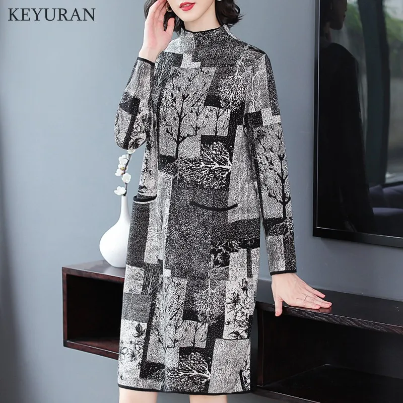 Новинка весна-осень водолазка принт вязаные свитера платье для женщин зима