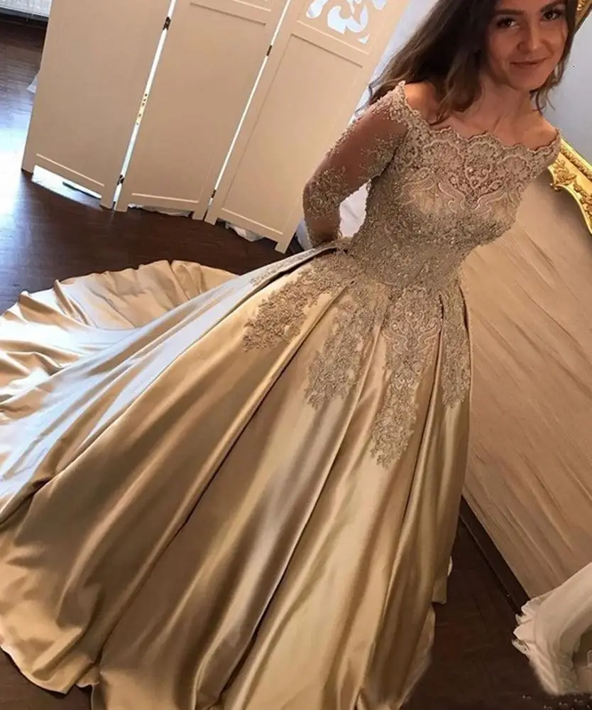 

Gold Prom Dress Off Shoulder Party Dress Sexy A-line Top Moslem Hijab Long Sleeves Burgundy Evening Dress
