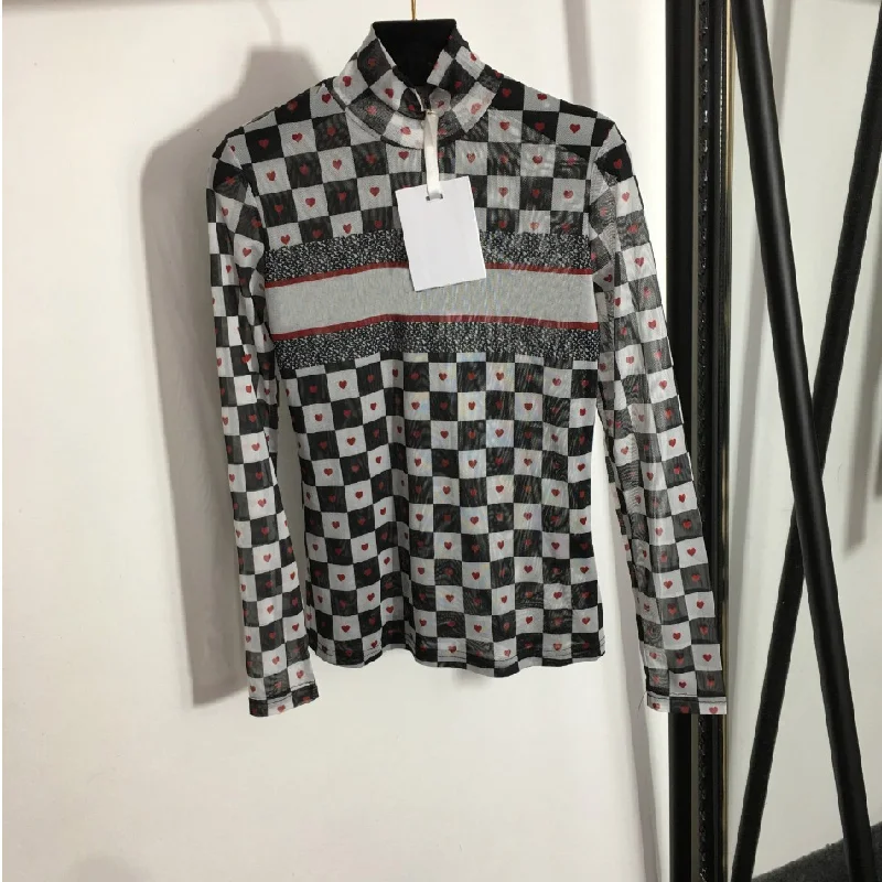 

2021 luxury design fashion women's love contrast check printed high neck long sleeve T-shirt sexy slim mesh bottomed Shirt Top