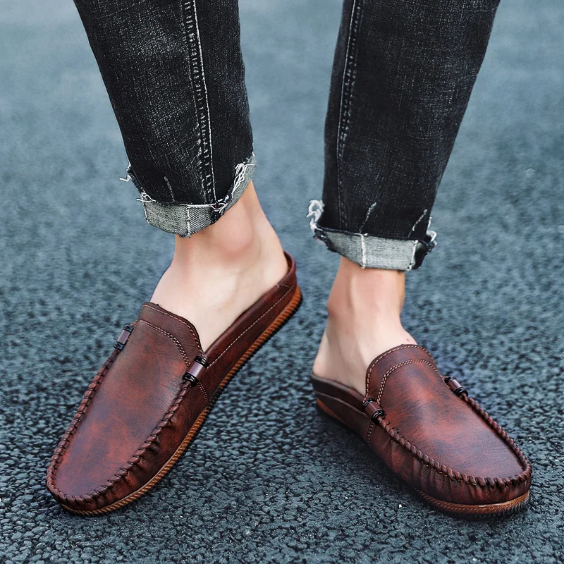 Туфли мужские кожаные с открытой спиной итальянские Модные Повседневные слипоны