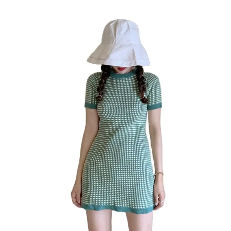 

Женское платье с коротким рукавом, зеленое клетчатое платье в стиле ретро, с высокой талией, с круглым вырезом, пуловер, 2021