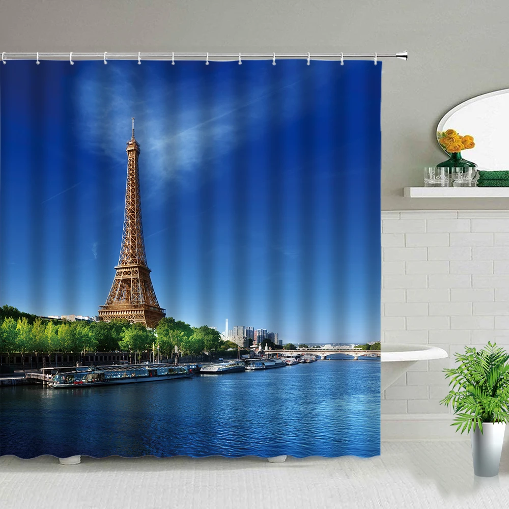 

Forest Park Landscape Shower Curtains Waterfall Tree Paris Tower Scenery Bathroom Waterproof Fabric ChicCurtain Set With Hooks