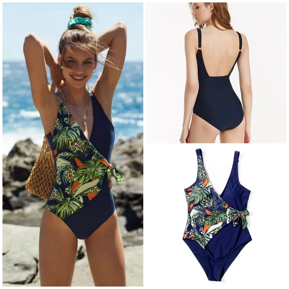 

2022 Summer New Arrival Women Retro Print One Piece Swimsuit Deep V Swimwear Patchwork Sexy Monokini Backless Beach Bathing Suit