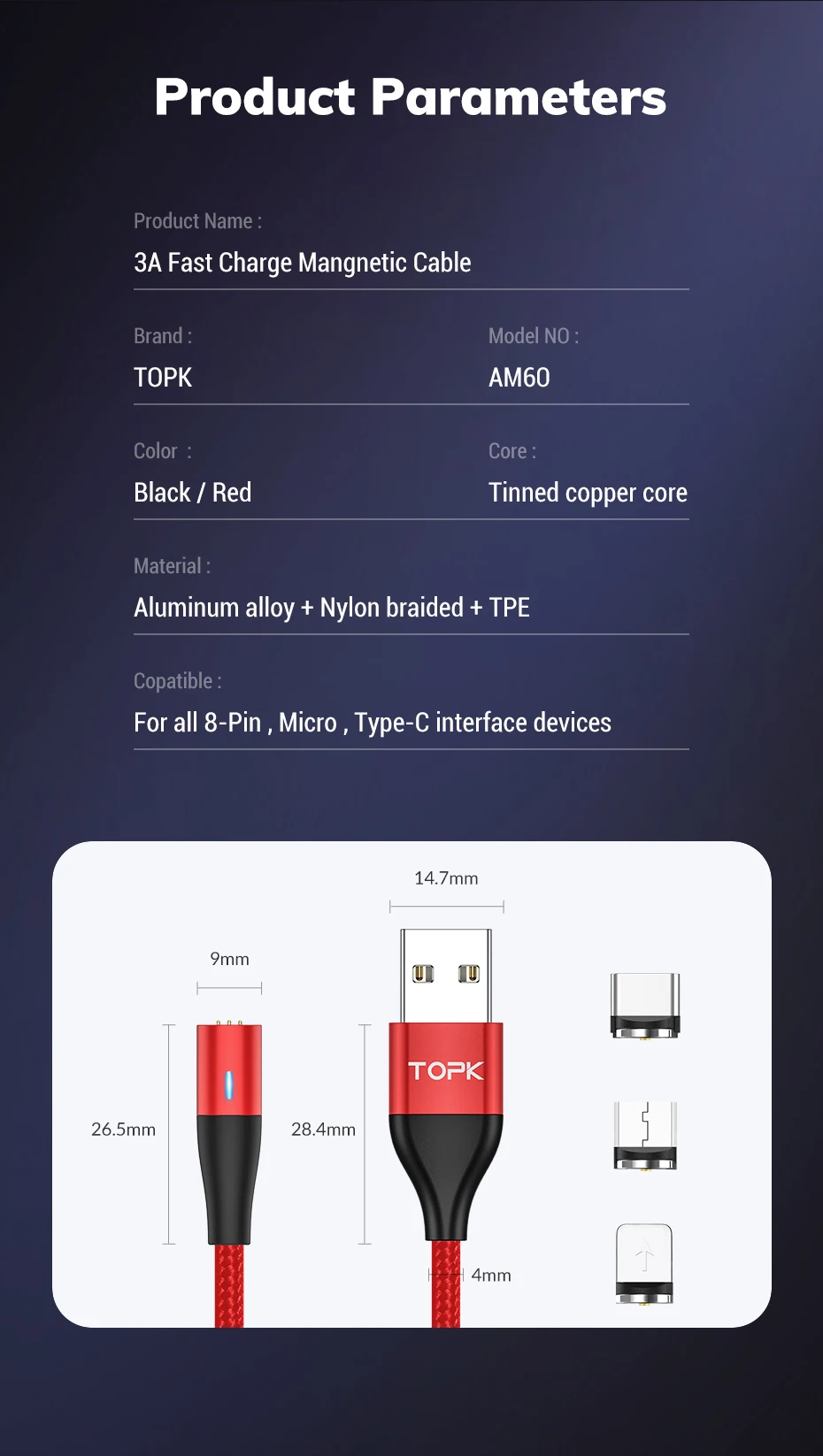 TOPK, 1 м, модернизированный, 3 А, магнитный Micro USB кабель для быстрой зарядки телефона, 8 Pin, usb type-C кабель для iPhone, samsung, huawei, Xiaomi