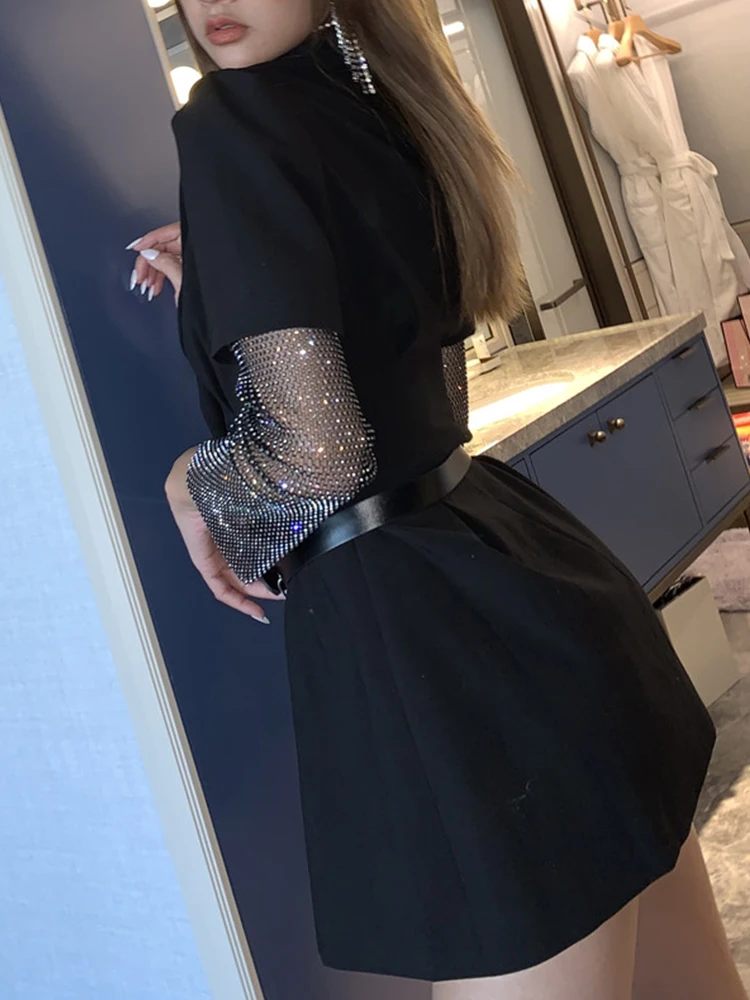 Сплайсинга сетчатыми рукавами средней длины двубортный костюм платье с