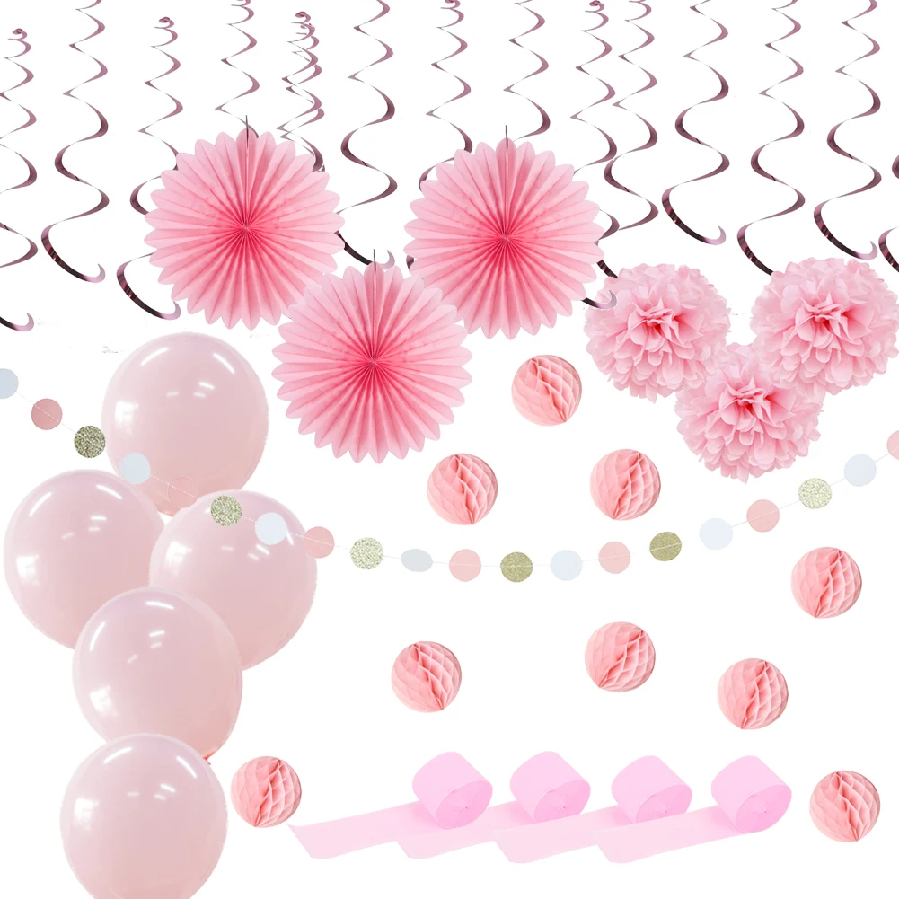 

Sunbeauty 30pcs Birthday Pink Party Decorations Hanging Paper Fans Flower Wedding Baby Shower Rose Anniversaire Party Supplies