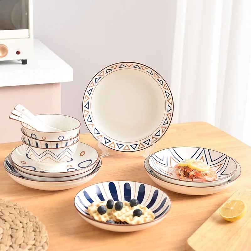 Набор геометрических обеденных тарелок в японском стиле миска ложка недорогая