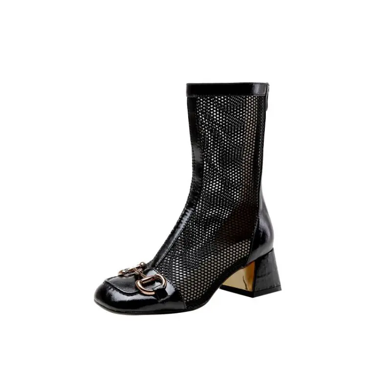 

Women's Leather High Heels New Fashion Hollow Metal Decorative Square Toe Net Boots Luxury Designer Casual Thick Heel Sandals