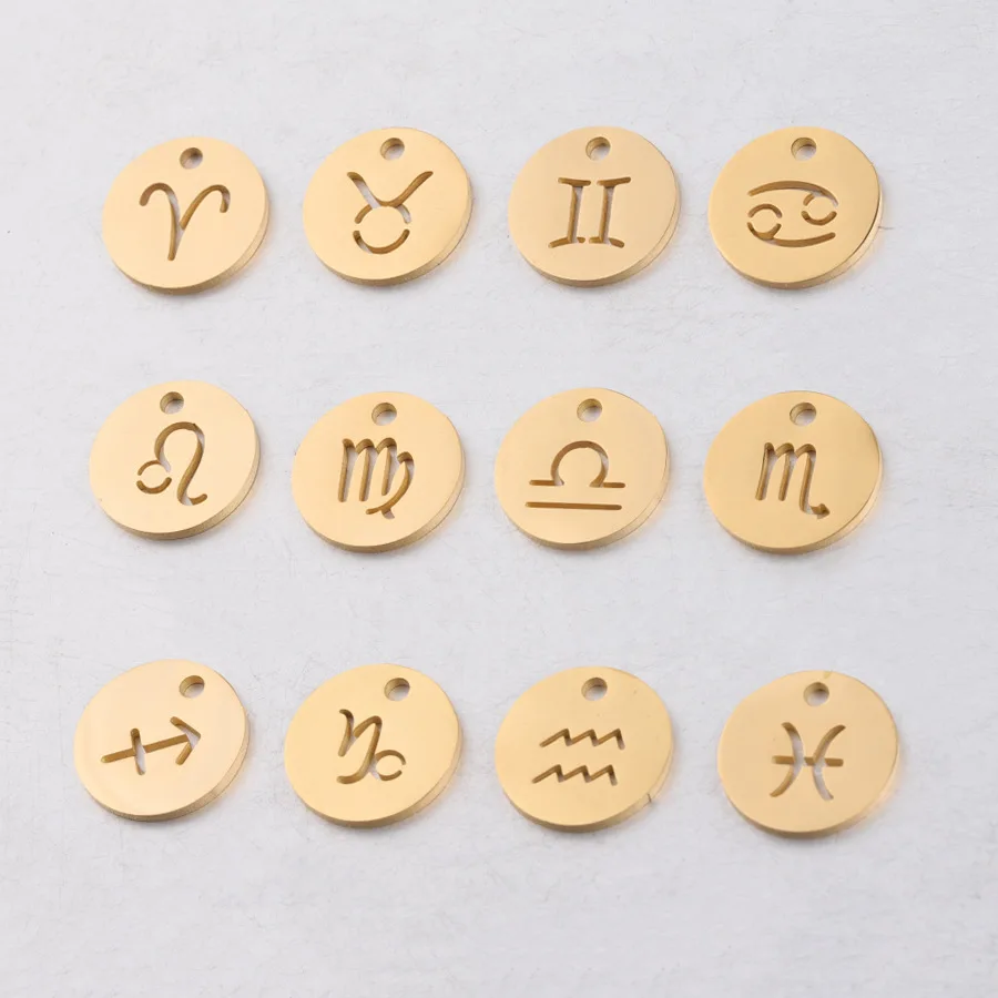 

1,5 мм отверстие 12 мм зеркальная полировка Нержавеющая сталь кулоны со знаками Зодиака двенадцать созвездий для DIY Цепочки и ожерелья решени...