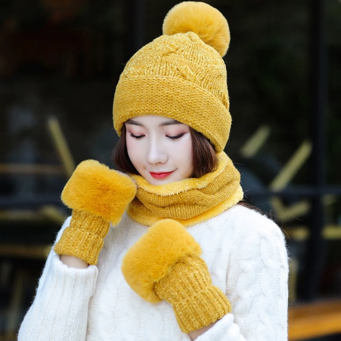 Hat Women's Winter Bib Gloves Three Piece Set Korean Casual Versatile Plush Lovely Chenille Knitted | Аксессуары для одежды