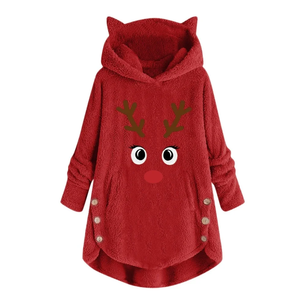 Pullovers Hoodies Women Button Cat Ears Cartoon Christmas Kawaii Long Sleeve Warm Tops Large Size Lovely Casual Sweaters | Женская