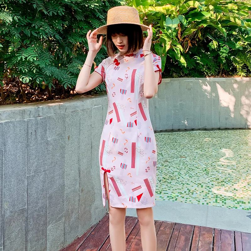 

Modern Short Cheongsam Red Notes Daily Short Chinese Wedding Dress Vintage Clothing Qipao New Year Dress