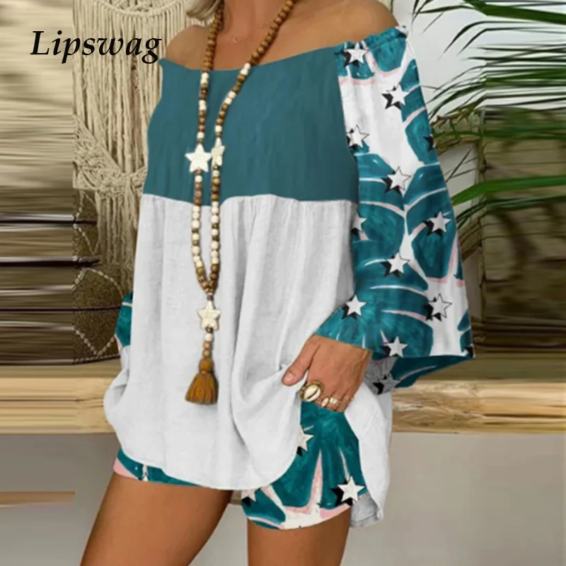 

Женский Повседневный костюм из двух предметов, пуловер с длинным рукавом и свободные шорты в стиле пэчворк, модный костюм с открытыми плеча...