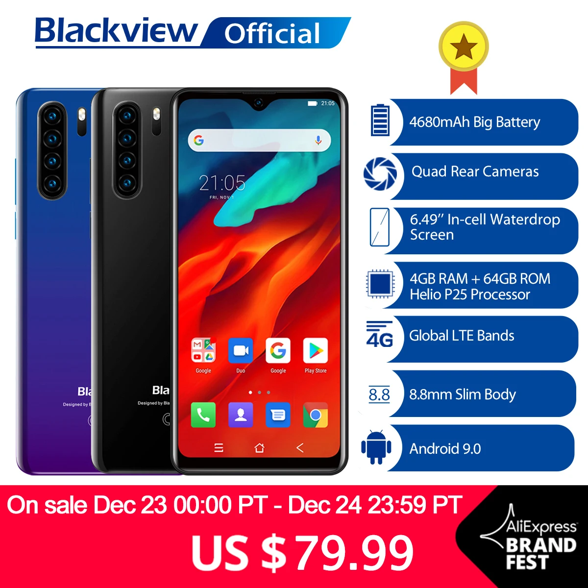 Глобальная версия Blackview A80 Pro Quad камера заднего вида, четыре ядра, 4 Гб+ 64 ГБ, мобильный телефон, 6,49 'Капля воды, 4680 мАч, 4G мобильный смартфон