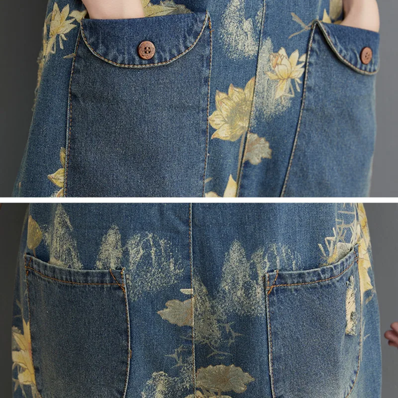 

#2375 Floral Printed Denim Playsuits Women Sleeveless Casual Vintage Wide Leg Denim Overalls For Women Front Pockets Summer 2021