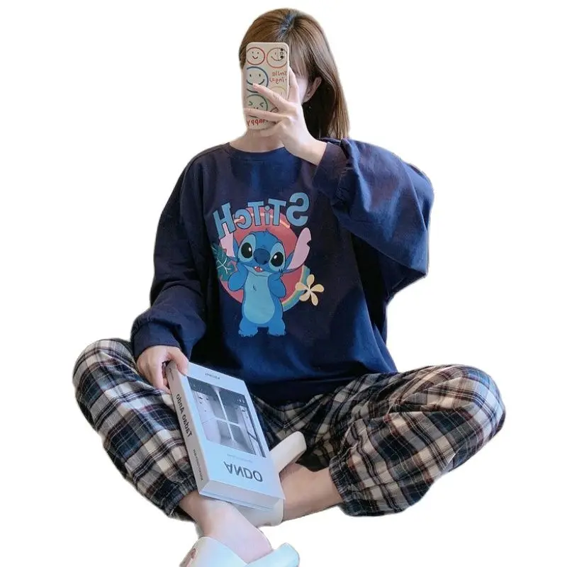 Disney Cute Stitch Pajamas for Women 2021 Autumn Winter Long Sleeve Tops and Plaid Pant Soft Homewear Pijamas Women 2 Piece Set