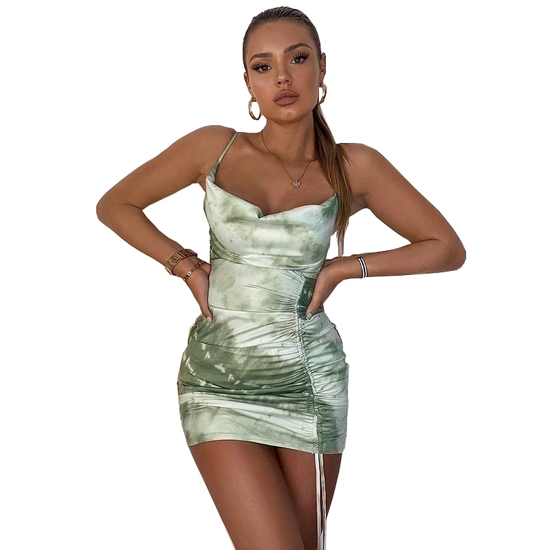 

Milk Silk Sexy Drawstring Halter Dress 2021 Summer Print Fashion Street Shoot Short Skirt Backless Harajuku Vintage Dress