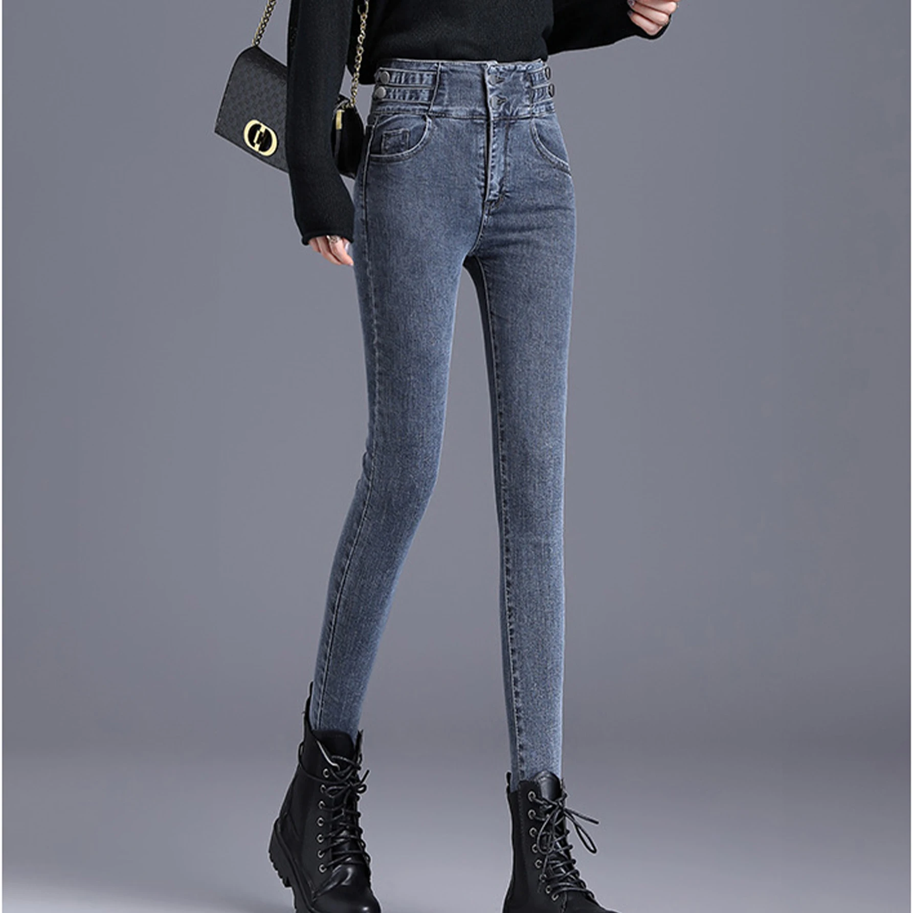 

FNOCE 2020 new women's jeans pants young fashion casual solid high waist Skinny Slimming Stretch Pencil Ankle-Length trousers