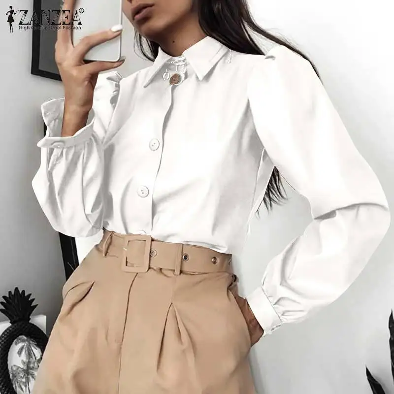 

2021 Spring Fashion Women's Faux Leather Shirts Office Lady PU Long Sleeve Tops ZANZEA Casual Solid Loose Oversized Blusa Femme