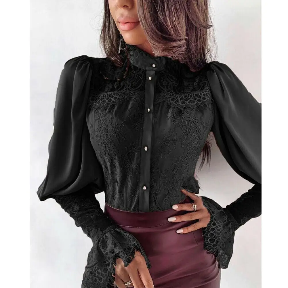 Шикарная кружевная блузка с длинным рукавом женская элегантная рубашка
