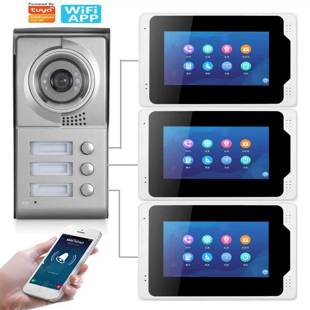 

3 Units Apartment Tuya APP Unlock Visual Intercom 7 Inch 1080P Monitor Wifi Video Doorbell Door Intercom Access Control System