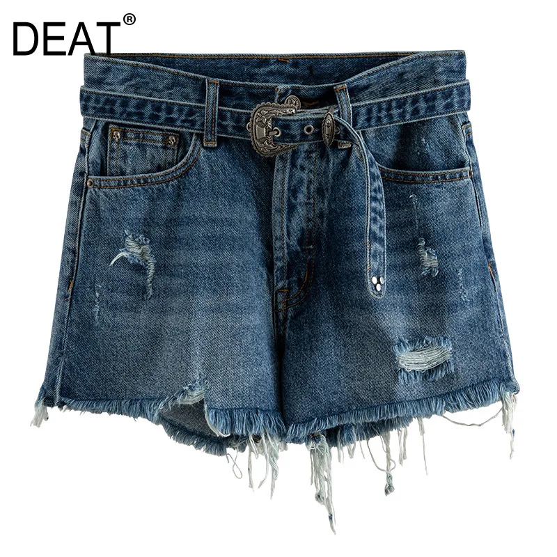 Женские шорты с высокой талией DEAT винтажные синего цвета карманами и кисточками