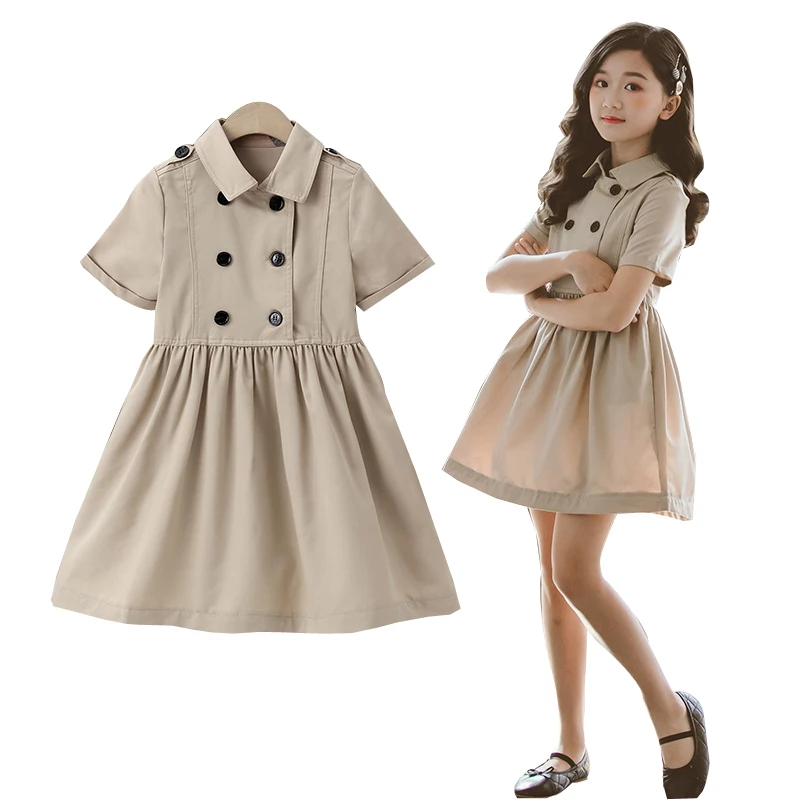 

Детское плиссированное платье цвета хаки, на пуговицах, с коротким рукавом