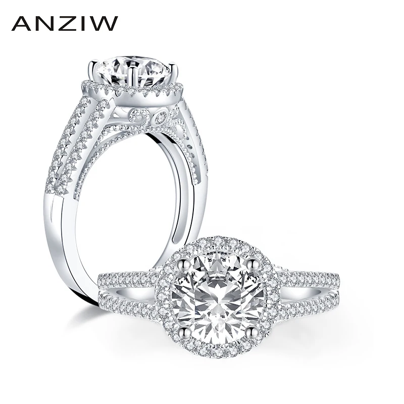 

ANZIW класса люкс 925 стерлингового серебра 2,0 CT круглой огранки Halo обручальное кольцо с искусственным бриллиантом для девочек серебряные обру...