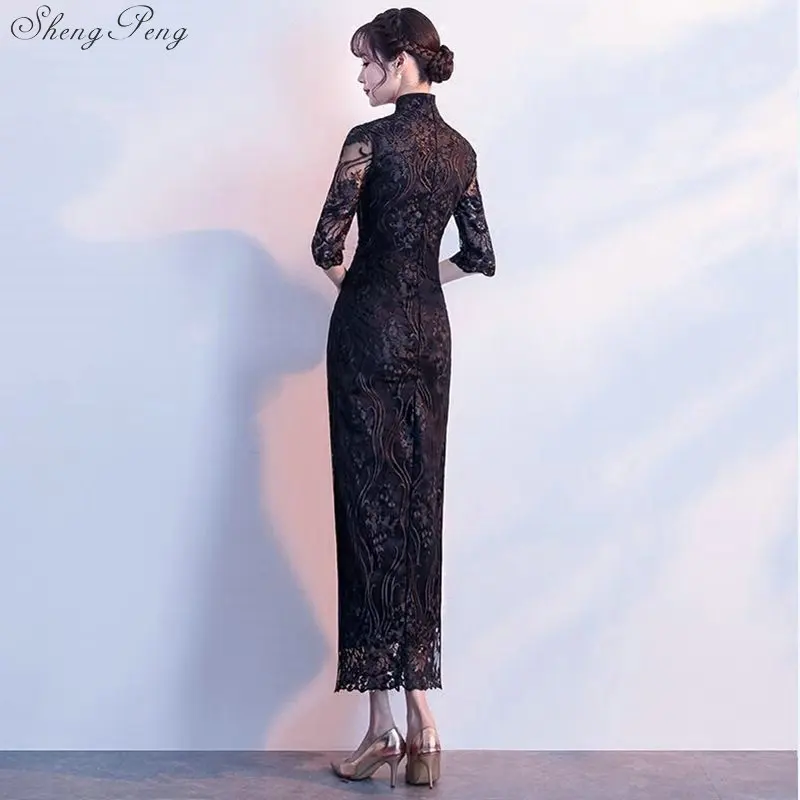 Модное черное элегантное платье Ципао женские кружевные платья китайские