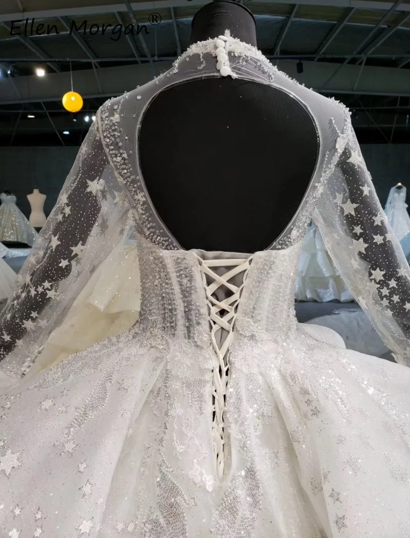 Ivory Glitter Long Sleeves Ball Gowns Wedding Dresses 2020 Elegant Corset Lace Puffy Backless Princess Bridal for Women | Свадьбы и