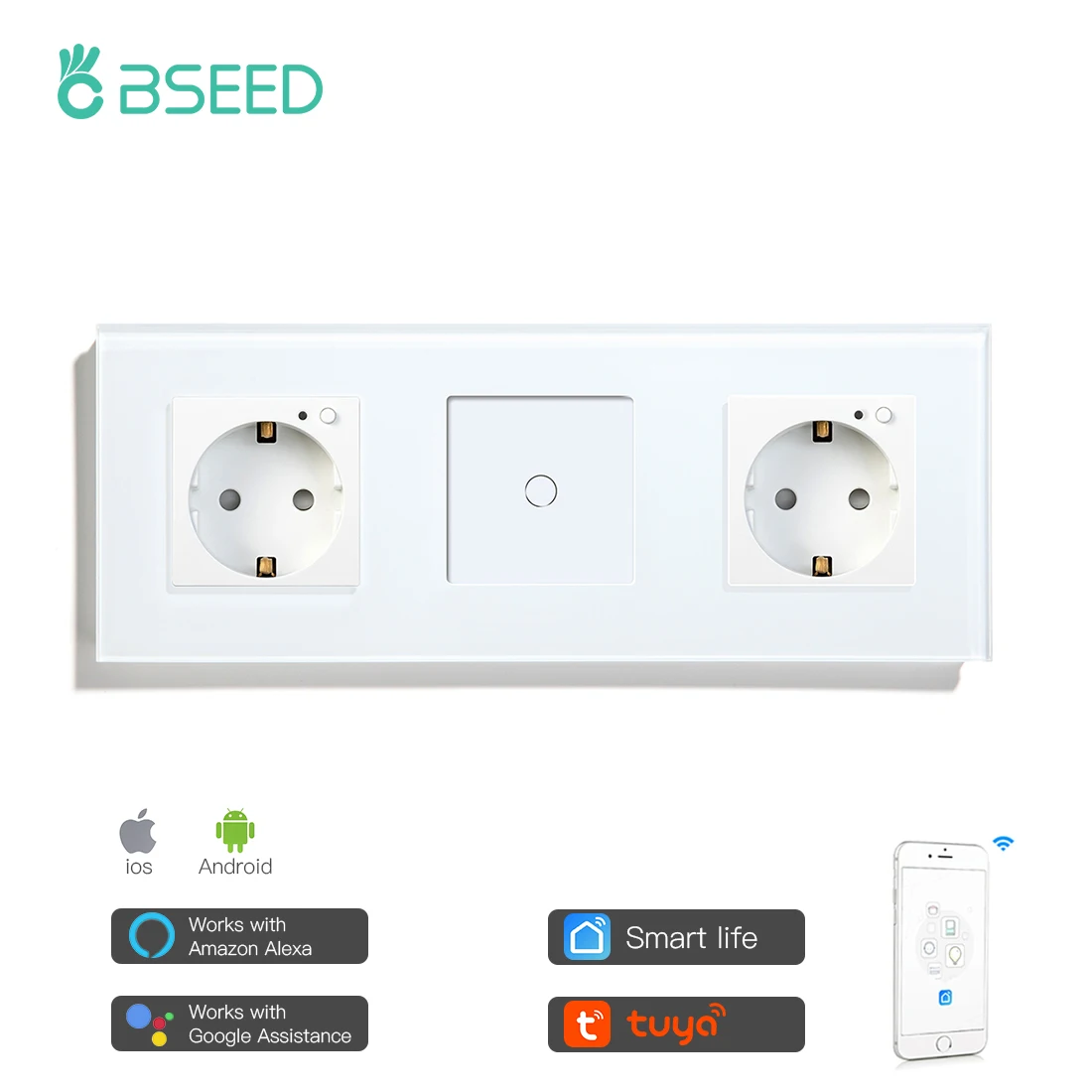 

Bseed Double Smart EU Socket With One Gang Senser Switch Wifi Control Work With Tuya Smart Life Home Improvement