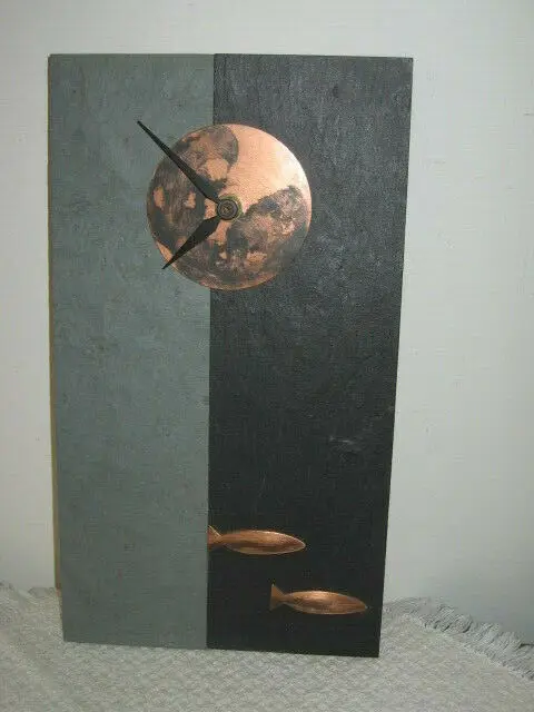 

Сандра Миллер студия ручной работы шифер настенные часы медная луна, рыба 11,5 "x 6,5"