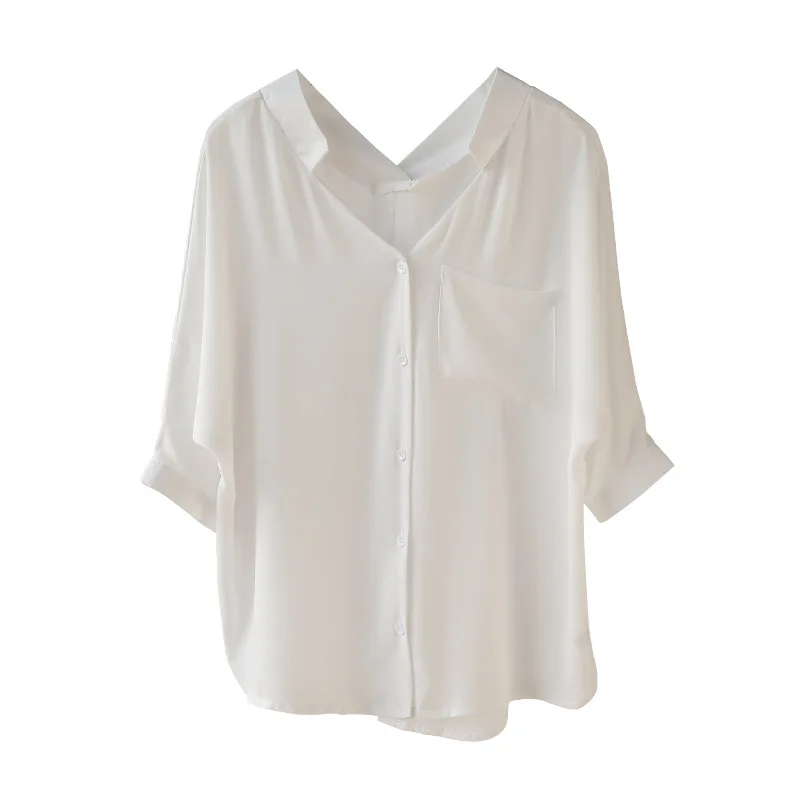 Женская шифоновая блузка с V образным вырезом длинным рукавом|Блузки| |