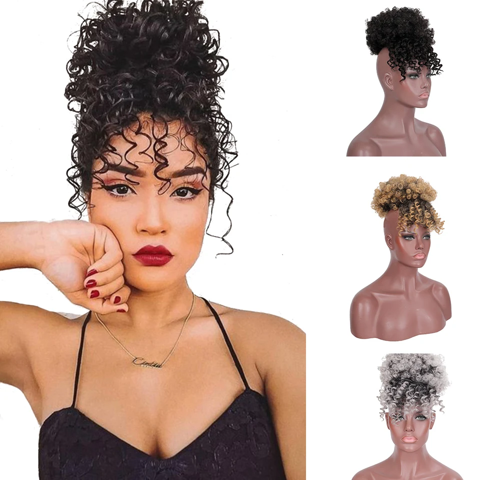 Парики из искусственных волос афро шиньон с челкой кудрявые волосы пучком для