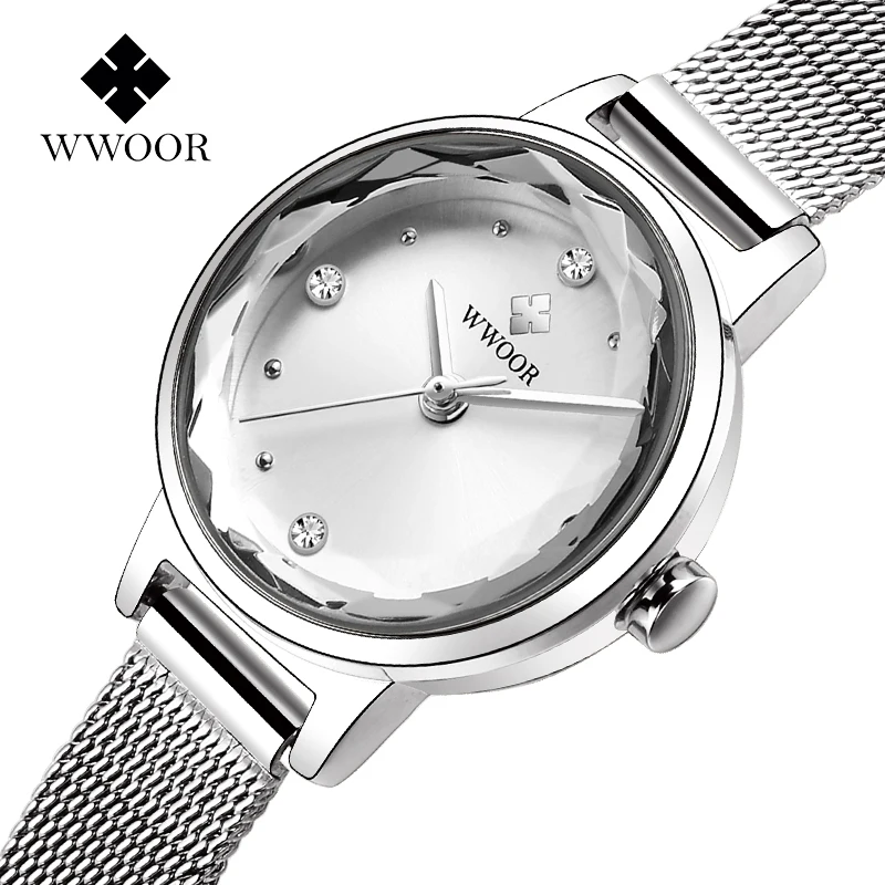 

WWOOR Fashion Brand Women Luxury Diamond Bracelet Watch Silver Steel Mesh Quartz Small Wrist Watch Women Clock Montre Femme xfcs