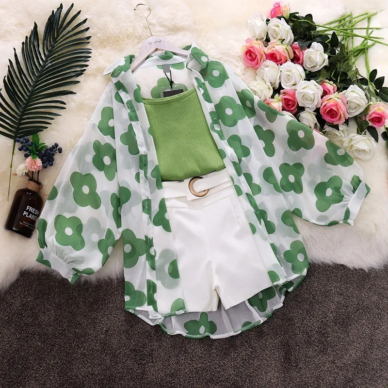 3 предмета в комплекте женские свободные с цветочным принтом шифоновая рубашка