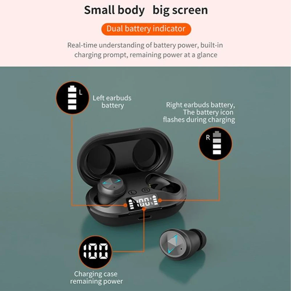 

Wireless Bluetooth Earphones TWS Waterproof LED Power Display 9D Stereo Noise Reduction Sports Earbuds with Microphone