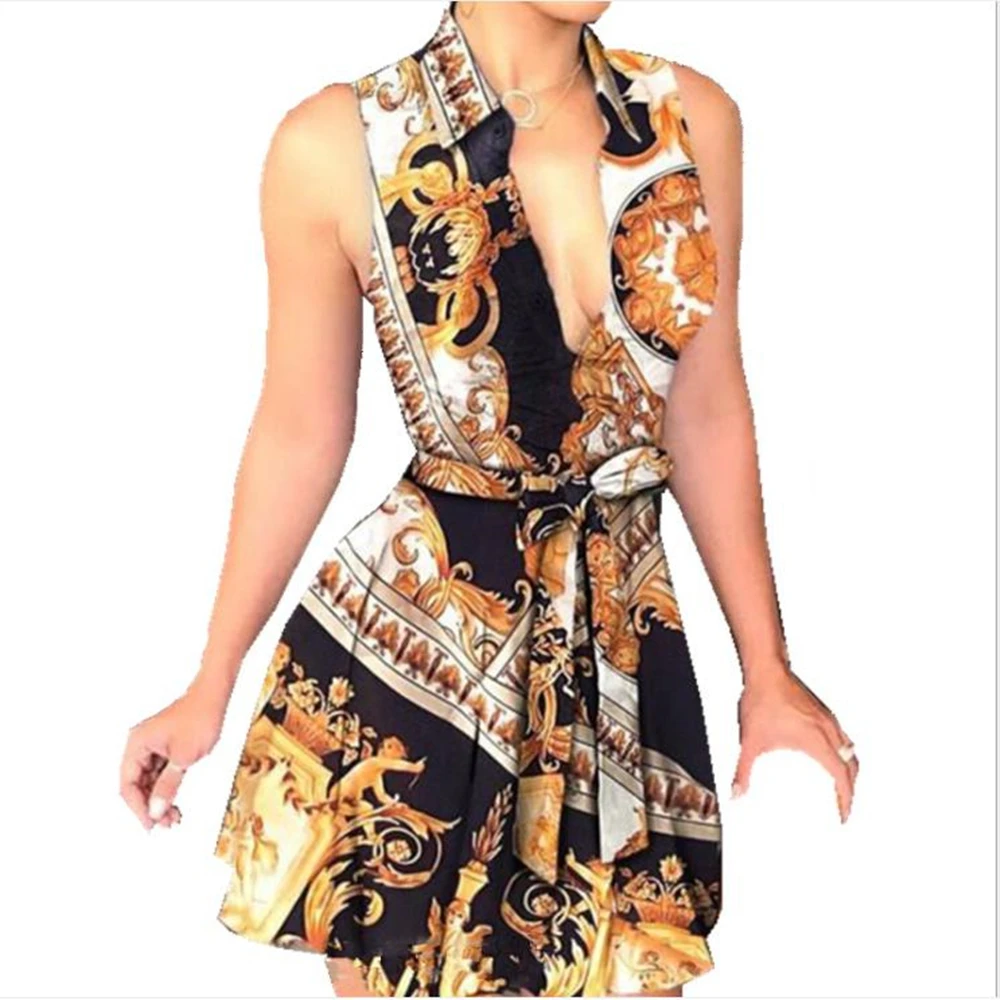 

2021 Women Deep Cardigan Printed Bouquet Band Sexy Dress Vintage V Neck Sleeveless Polka Dots Floral Print Belt Party Mini Dress