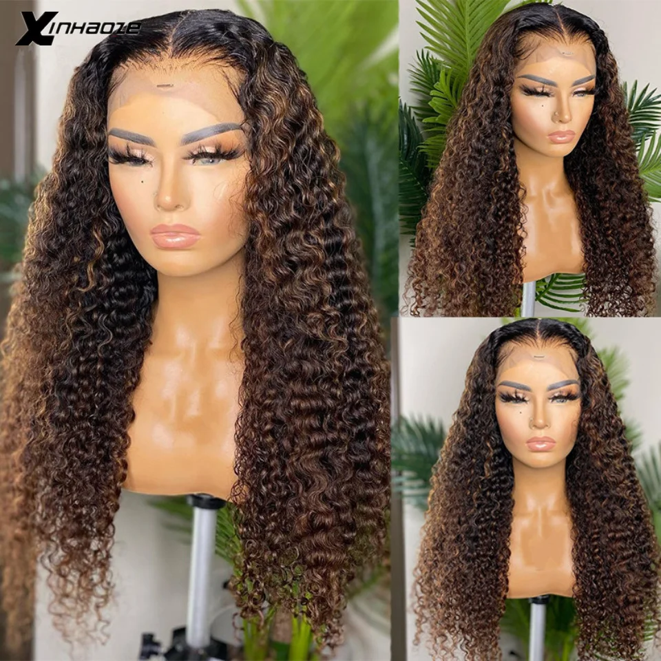 

Kinky Curly Ombre Dark Brown Human Hair Wig 13x4 Lace Front Wig For Women Bleached Knots Brazilian Remy 180% Density Pre-Plucked