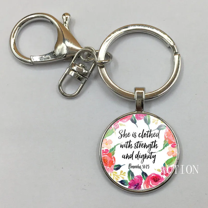 Ожерелье с надписью она одета из Библии и Притчи 31:25|Брелоки| |