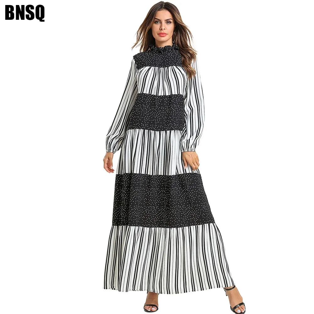 

BNSQ Stripe Maxi Muslim Dress Caftan Marocain Abaya Dubai Oma India Lehenga Turkey Long Sleeve Arabic Hijab Kaftan Dress