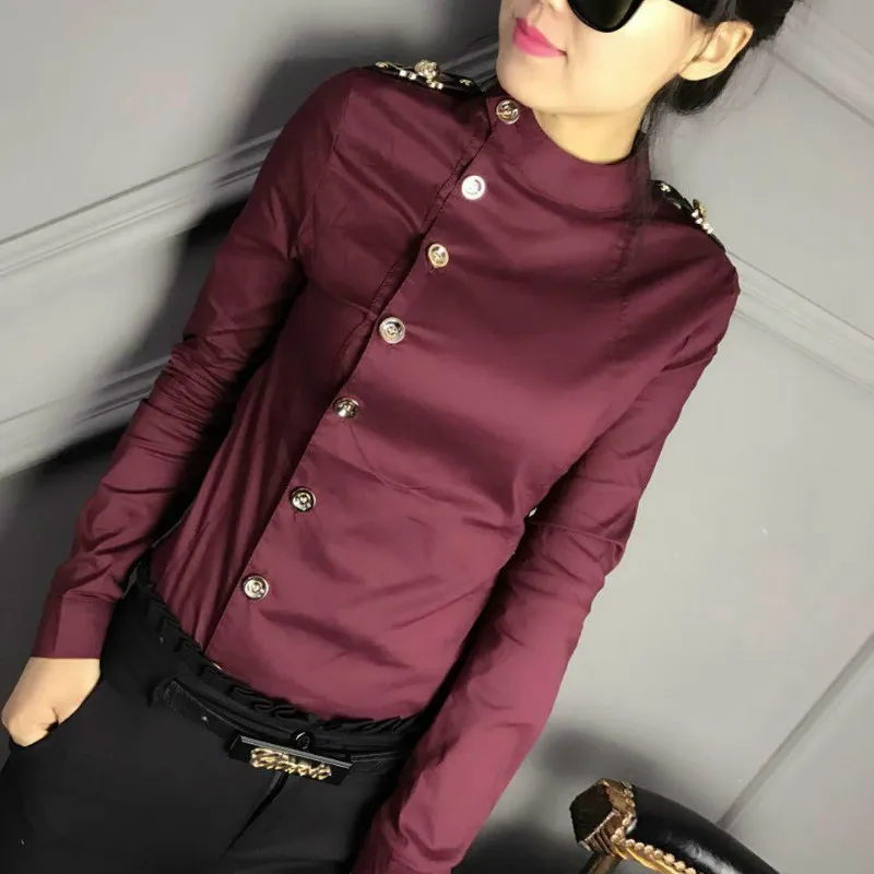 Женские хлопковые рубашки с длинным рукавом и воротником стойкой офисные блузки