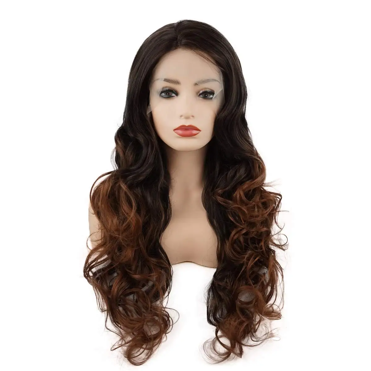 

Jeelion Hair Wavy Long 26inch Dark Root Auburn Ombre Half Hand Tied Heavy Heat Resistant Realistic Synthetic Lace Front Wigs