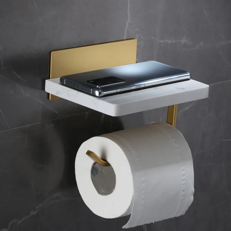 

Tissue Rack Marble & Aluminum Toilet Paper Holder Wall Mounted Nail Punched Brushed Gold Bathroom Shelf Bath Hardware White New