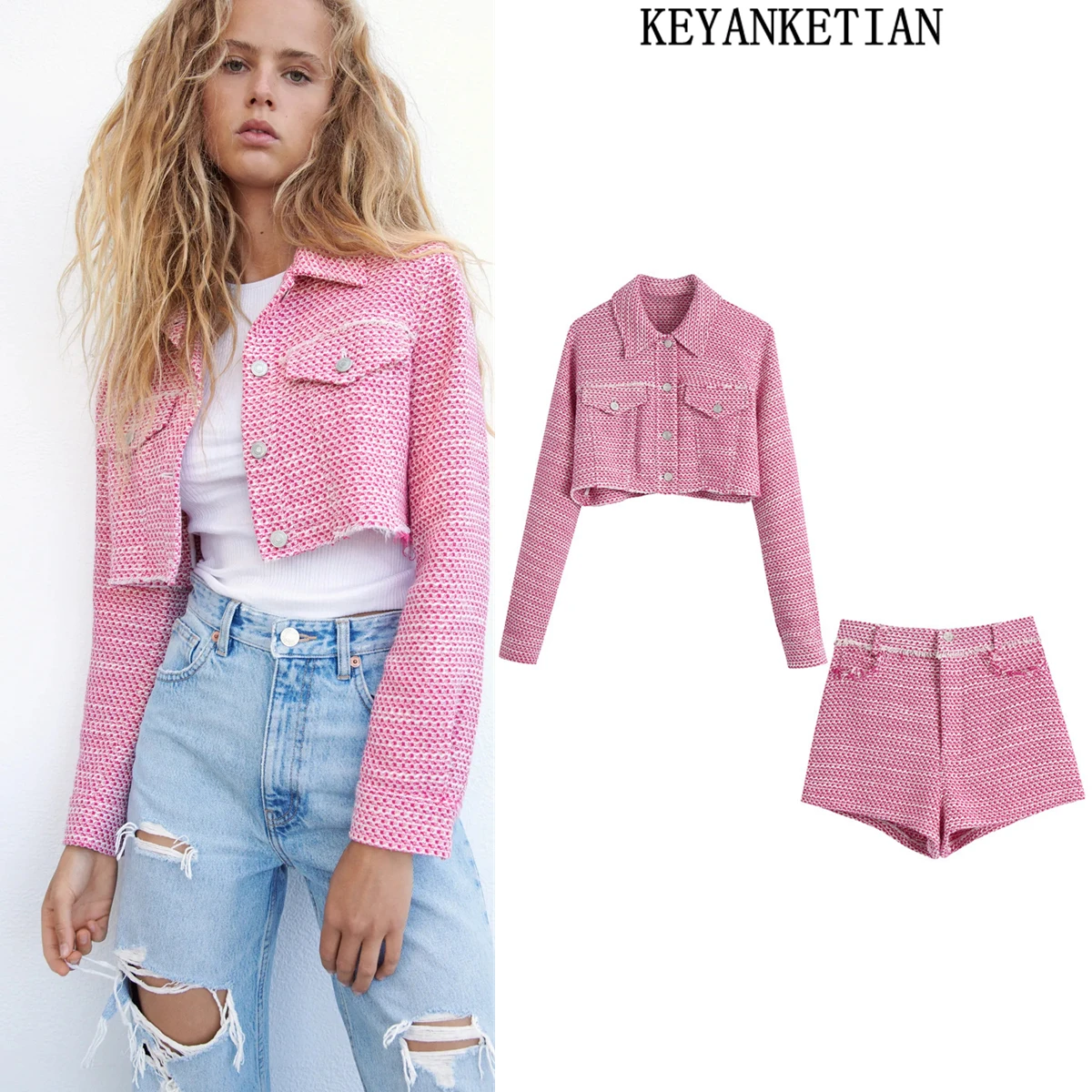 

KEYANKETIAN ZA 2021 autumn new fashion texture short retro jacket long sleeve buttoned female jacket chic top tassel shorts suit
