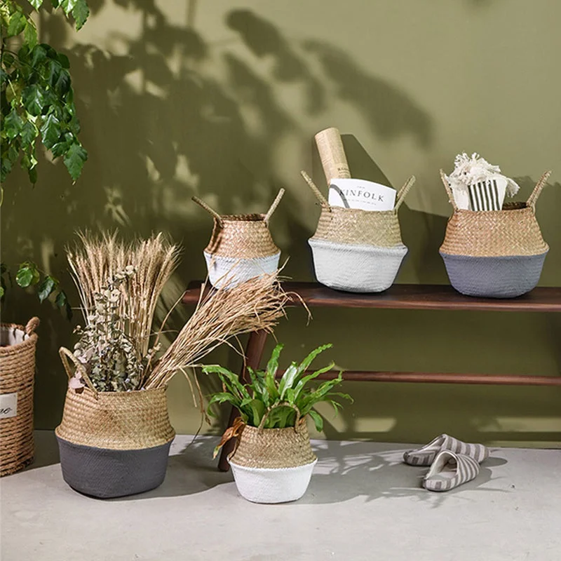 

1Pc Handmade Storage Organizer Basket Rattan Wickerwork Basket Foldable Plant Flower Pots Boho Style