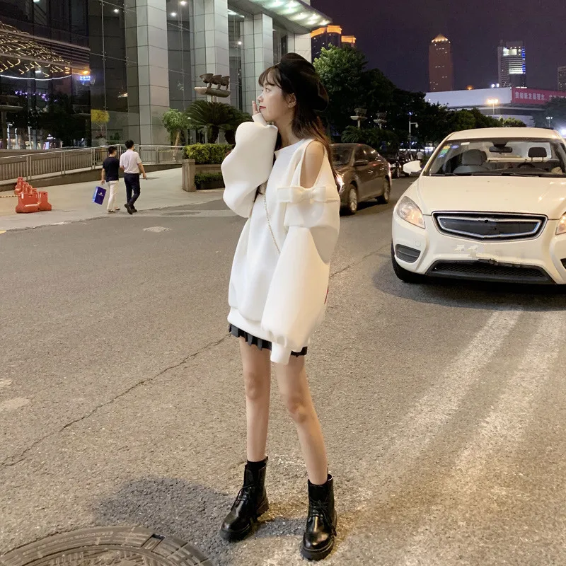 WHITNEY WANG осень мода уличная выдалбливают плеча свитер с бантом женские толстовки пуловер