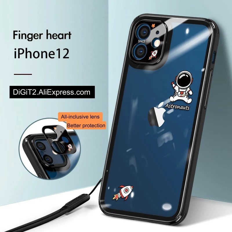 

Phone Case for iPhone 12 Protective Transparent Cover Finger Heart Astronaut Lens All-inclusive Anti-fall Shell
