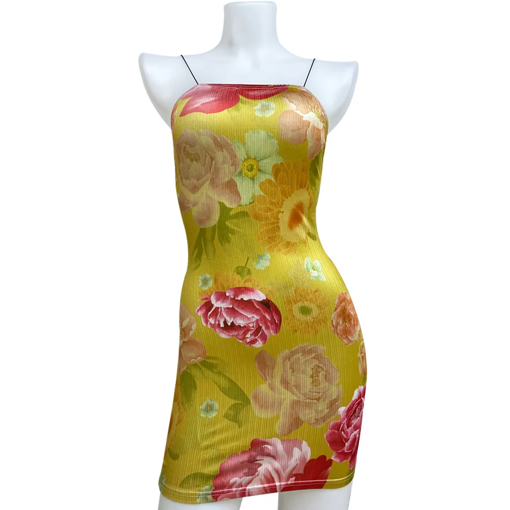 

2021 Summer New Women Fashion Printed Suspender Dress Slash Neck Slim Fit Bodycon Dress Night Club