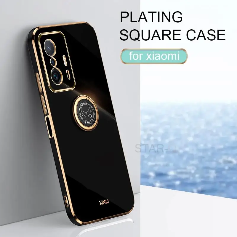 

Luxury Plating Square Bumper Ring Holder Phone Case For Xiaomi Mi 11t Pro 11 T Silicone Stand Cover On Xiomi Mi11 Mi11t 11tpro